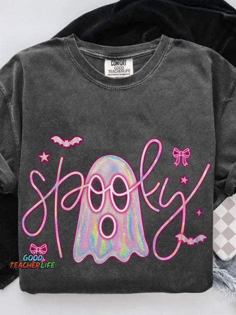 Cute Pink Neon Spooky Ghost Casual Print T-shirt