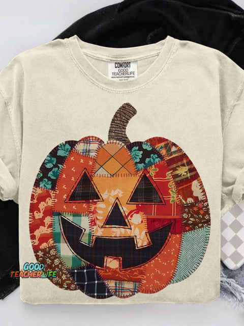 Preppy Floral Fall Pumpkin Halloween Lantern Casual Print T-shirt