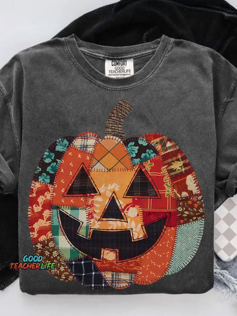 Preppy Floral Fall Pumpkin Halloween Lantern Casual Print T-shirt