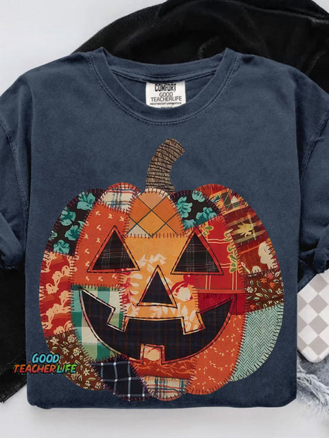 Preppy Floral Fall Pumpkin Halloween Lantern Casual Print T-shirt
