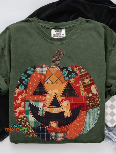 Preppy Floral Fall Pumpkin Halloween Lantern Casual Print T-shirt