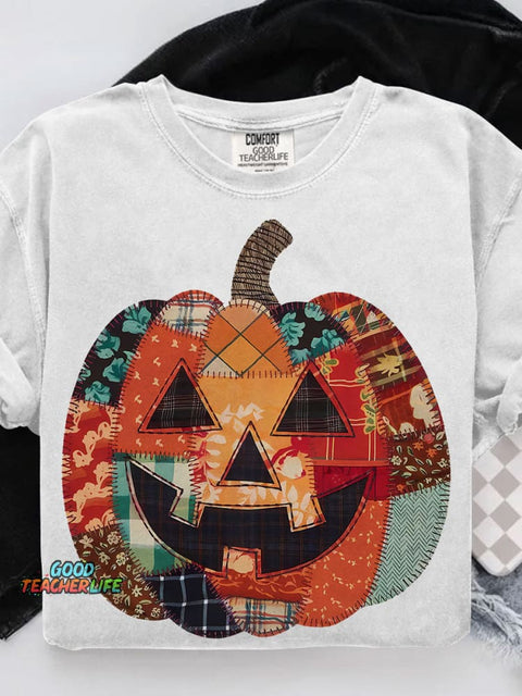 Preppy Floral Fall Pumpkin Halloween Lantern Casual Print T-shirt