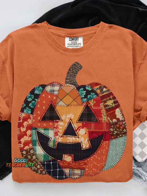 Preppy Floral Fall Pumpkin Halloween Lantern Casual Print T-shirt