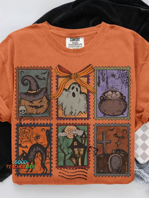 Retro Halloween Ghost Coquette Halloween Casual Print T-shirt