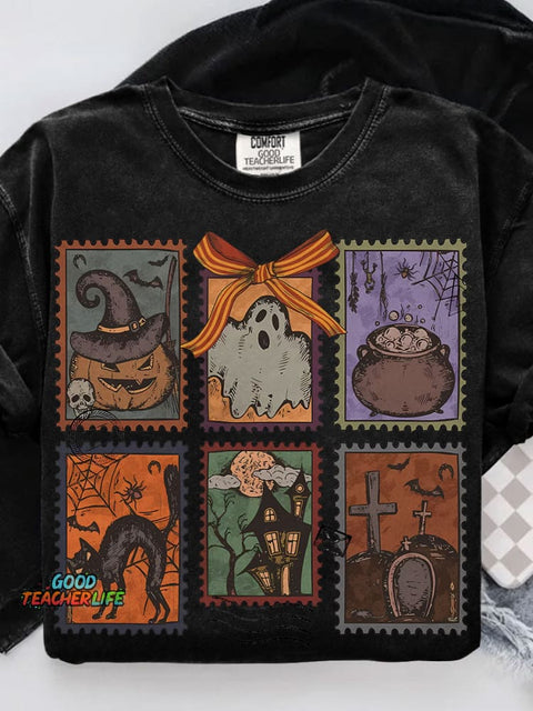 Retro Halloween Ghost Coquette Halloween Casual Print T-shirt