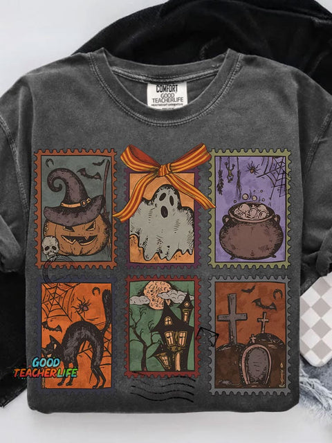 Retro Halloween Ghost Coquette Halloween Casual Print T-shirt