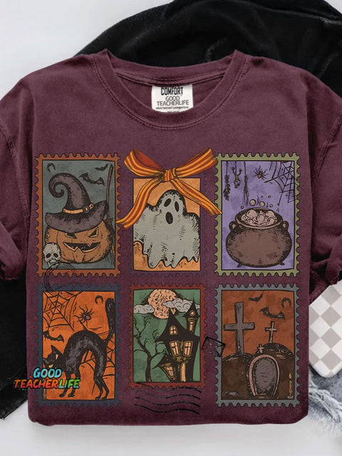 Retro Halloween Ghost Coquette Halloween Casual Print T-shirt