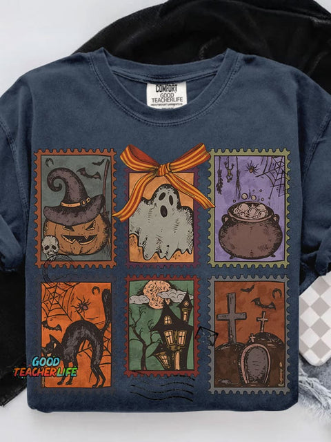Retro Halloween Ghost Coquette Halloween Casual Print T-shirt