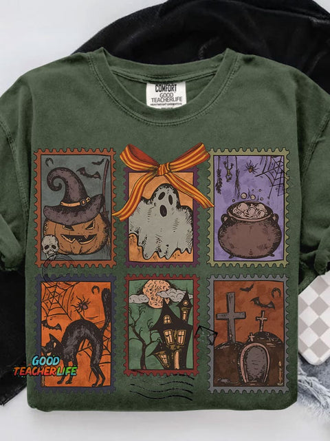 Retro Halloween Ghost Coquette Halloween Casual Print T-shirt