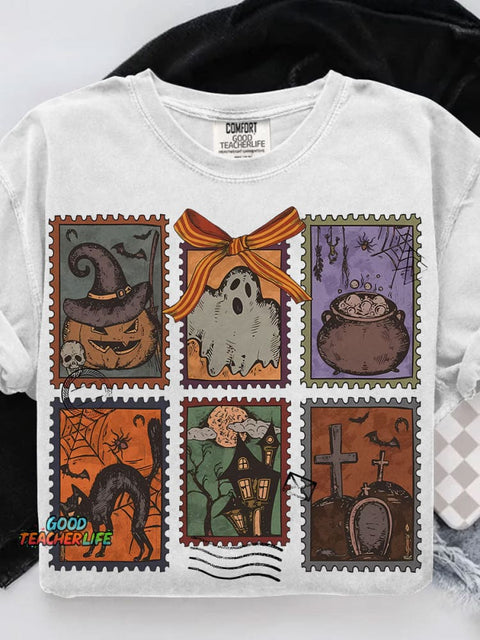 Retro Halloween Ghost Coquette Halloween Casual Print T-shirt