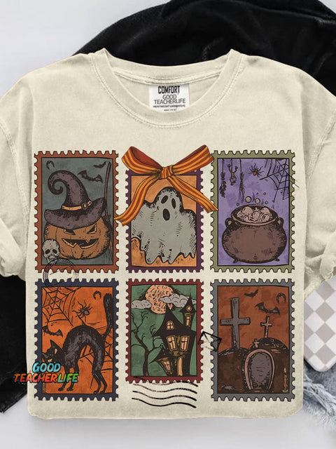 Retro Halloween Ghost Coquette Halloween Casual Print T-shirt