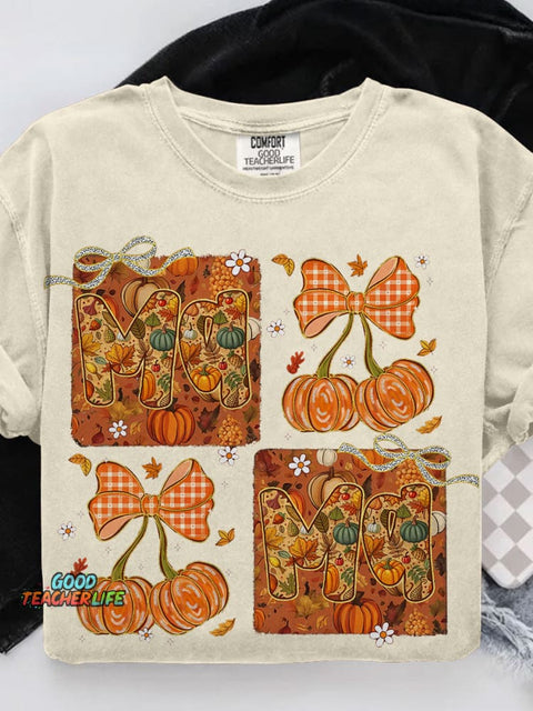 All Mama Pumpkin Bow Autumn Floral Casual Print T-shirt
