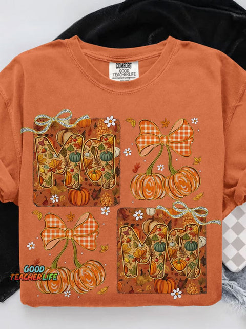 All Mama Pumpkin Bow Autumn Floral Casual Print T-shirt