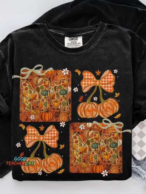 All Mama Pumpkin Bow Autumn Floral Casual Print T-shirt