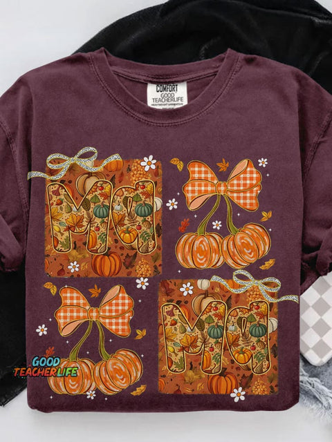 All Mama Pumpkin Bow Autumn Floral Casual Print T-shirt