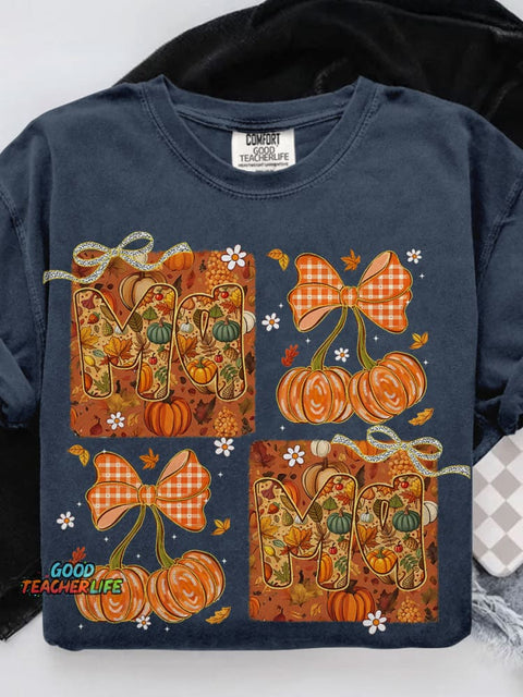 All Mama Pumpkin Bow Autumn Floral Casual Print T-shirt