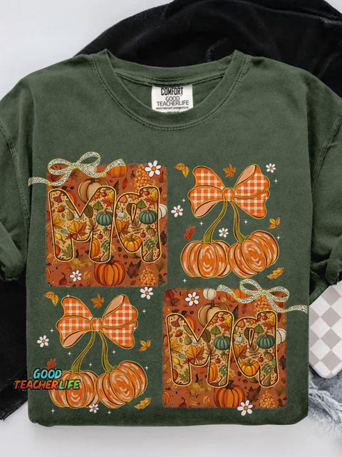 All Mama Pumpkin Bow Autumn Floral Casual Print T-shirt