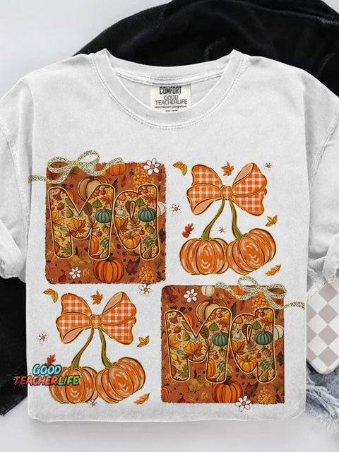 All Mama Pumpkin Bow Autumn Floral Casual Print T-shirt