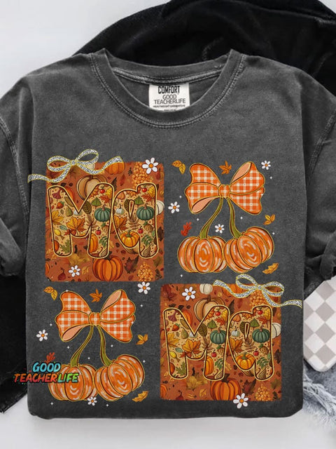 All Mama Pumpkin Bow Autumn Floral Casual Print T-shirt