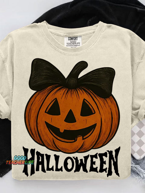 Retro Halloween Preppy Pumpkin Bow Casual Print T-shirt