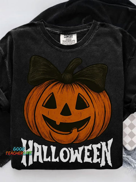Retro Halloween Preppy Pumpkin Bow Casual Print T-shirt