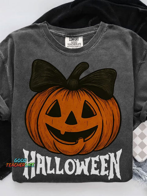 Retro Halloween Preppy Pumpkin Bow Casual Print T-shirt