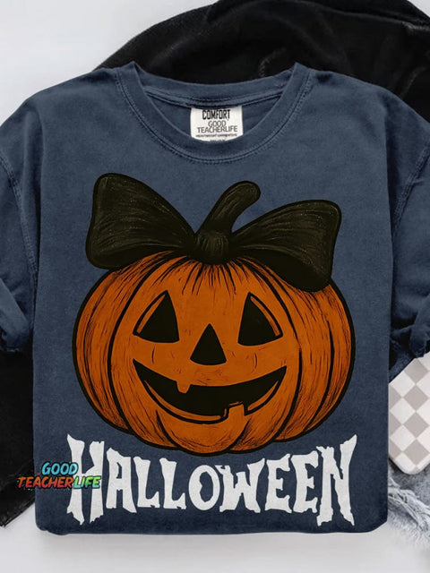Retro Halloween Preppy Pumpkin Bow Casual Print T-shirt