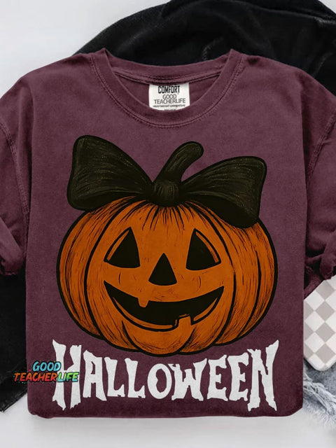 Retro Halloween Preppy Pumpkin Bow Casual Print T-shirt