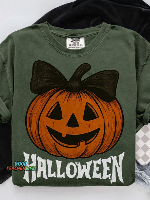 Retro Halloween Preppy Pumpkin Bow Casual Print T-shirt