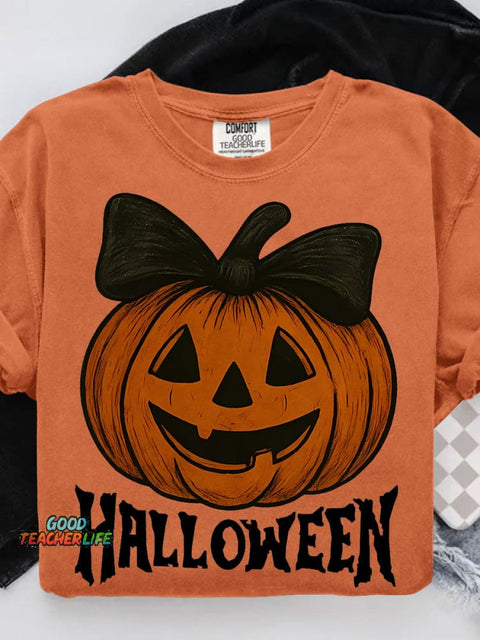 Retro Halloween Preppy Pumpkin Bow Casual Print T-shirt