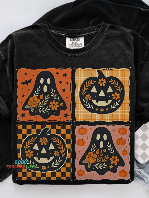 Patchwork Halloween Girly Pink Pumpkin Boho Floral Fall Casual Print T-shirt