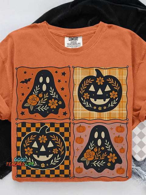 Patchwork Halloween Girly Pink Pumpkin Boho Floral Fall Casual Print T-shirt