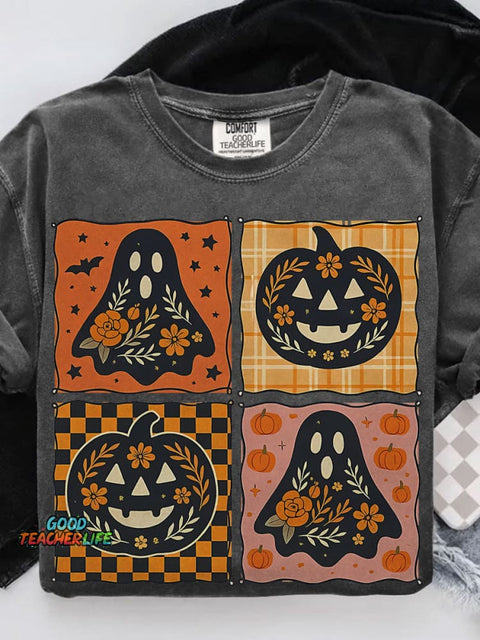 Patchwork Halloween Girly Pink Pumpkin Boho Floral Fall Casual Print T-shirt