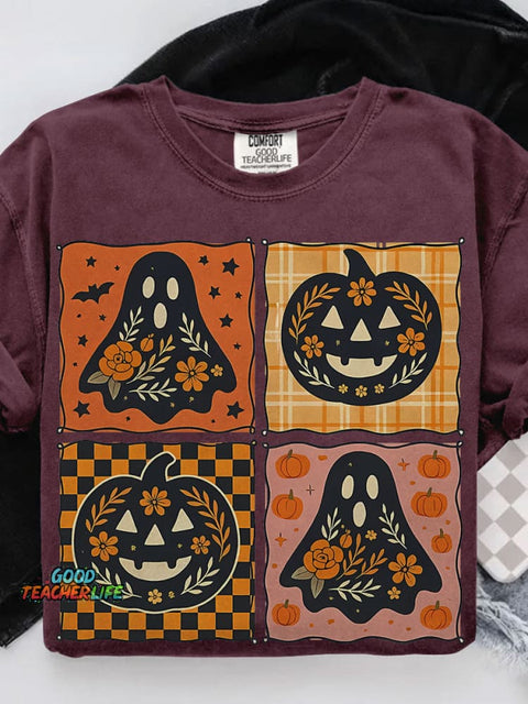 Patchwork Halloween Girly Pink Pumpkin Boho Floral Fall Casual Print T-shirt