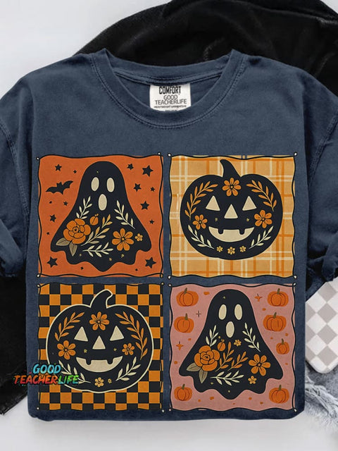 Patchwork Halloween Girly Pink Pumpkin Boho Floral Fall Casual Print T-shirt