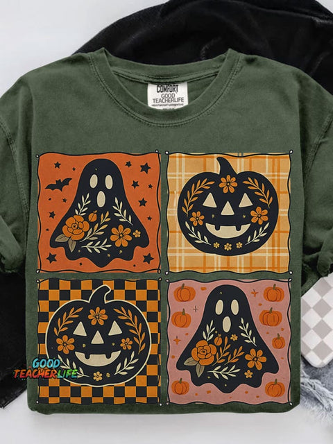 Patchwork Halloween Girly Pink Pumpkin Boho Floral Fall Casual Print T-shirt