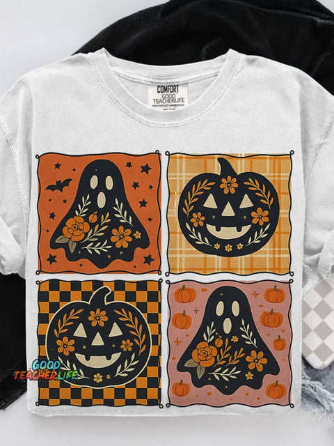 Patchwork Halloween Girly Pink Pumpkin Boho Floral Fall Casual Print T-shirt