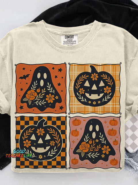 Patchwork Halloween Girly Pink Pumpkin Boho Floral Fall Casual Print T-shirt