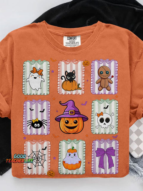 Retro Cat Ghost Halloween Girly Halloween Spooky Season Casual Print T-shirt