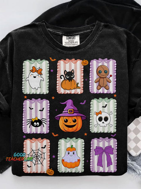 Retro Cat Ghost Halloween Girly Halloween Spooky Season Casual Print T-shirt