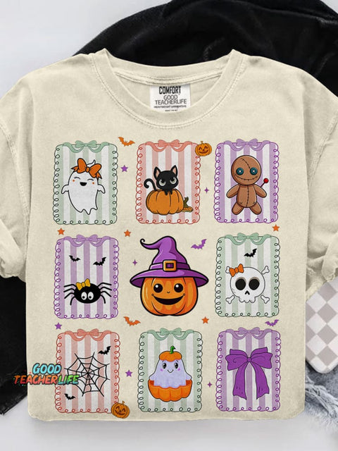 Retro Cat Ghost Halloween Girly Halloween Spooky Season Casual Print T-shirt