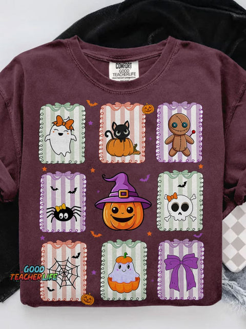 Retro Cat Ghost Halloween Girly Halloween Spooky Season Casual Print T-shirt