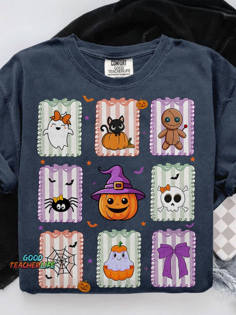 Retro Cat Ghost Halloween Girly Halloween Spooky Season Casual Print T-shirt