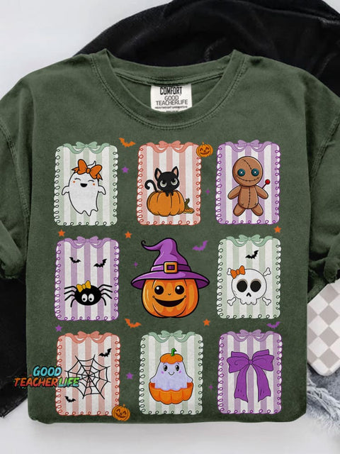 Retro Cat Ghost Halloween Girly Halloween Spooky Season Casual Print T-shirt