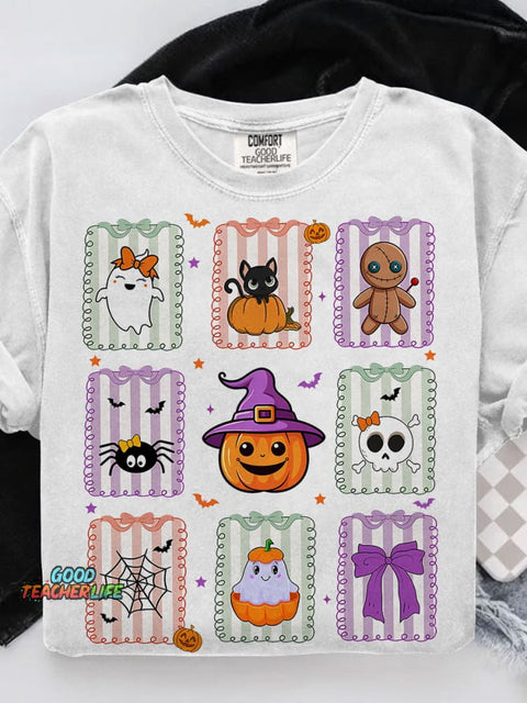Retro Cat Ghost Halloween Girly Halloween Spooky Season Casual Print T-shirt