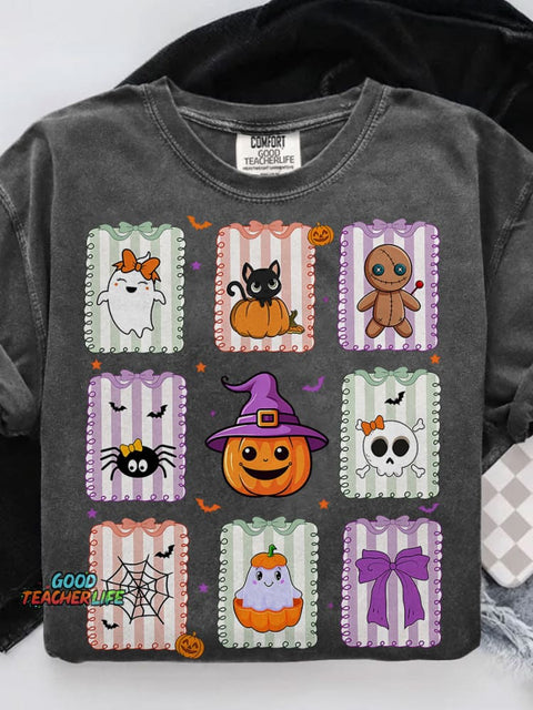 Retro Cat Ghost Halloween Girly Halloween Spooky Season Casual Print T-shirt