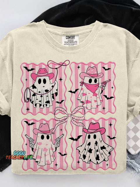 Pink Cowboy Ghost Preppy Western Halloween Casual Print T-shirt