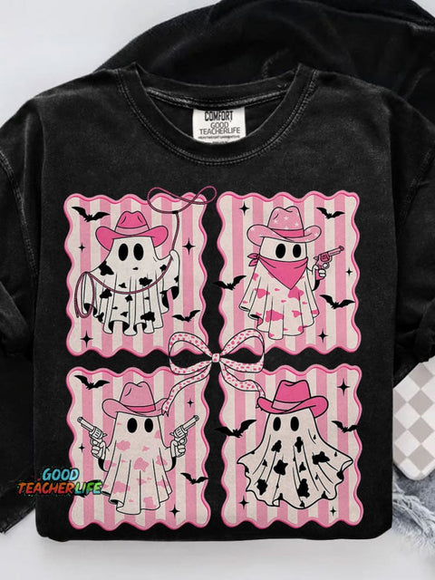 Pink Cowboy Ghost Preppy Western Halloween Casual Print T-shirt