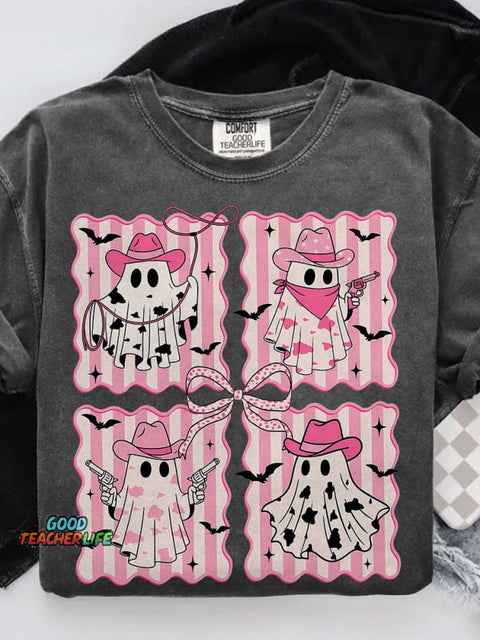 Pink Cowboy Ghost Preppy Western Halloween Casual Print T-shirt
