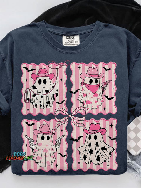 Pink Cowboy Ghost Preppy Western Halloween Casual Print T-shirt